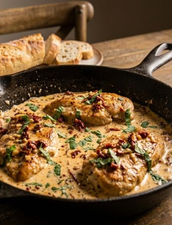 Here is the descriptive **alt text** optimized for SEO and accessibility for this image: `Skillet of creamy Marry Me Chicken with sun-dried tomatoes and fresh basil, served alongside sliced baguette and parmesan cheese on a rustic wooden table.`