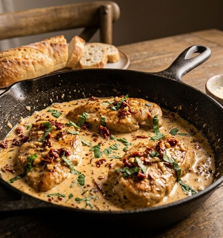 Here is the descriptive **alt text** optimized for SEO and accessibility for this image: `Skillet of creamy Marry Me Chicken with sun-dried tomatoes and fresh basil, served alongside sliced baguette and parmesan cheese on a rustic wooden table.`